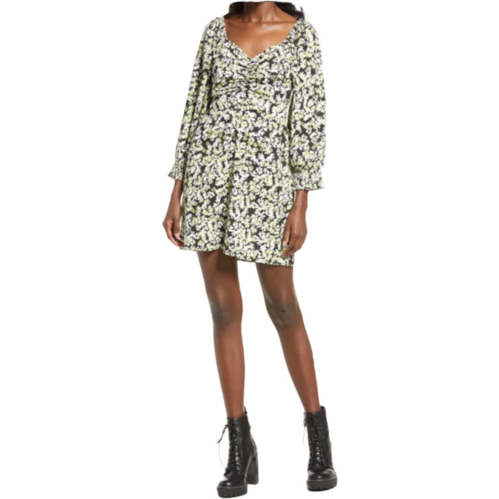Vero Moda Dress Womens Green Black White Mini Ruched Floral Chaddie NEW